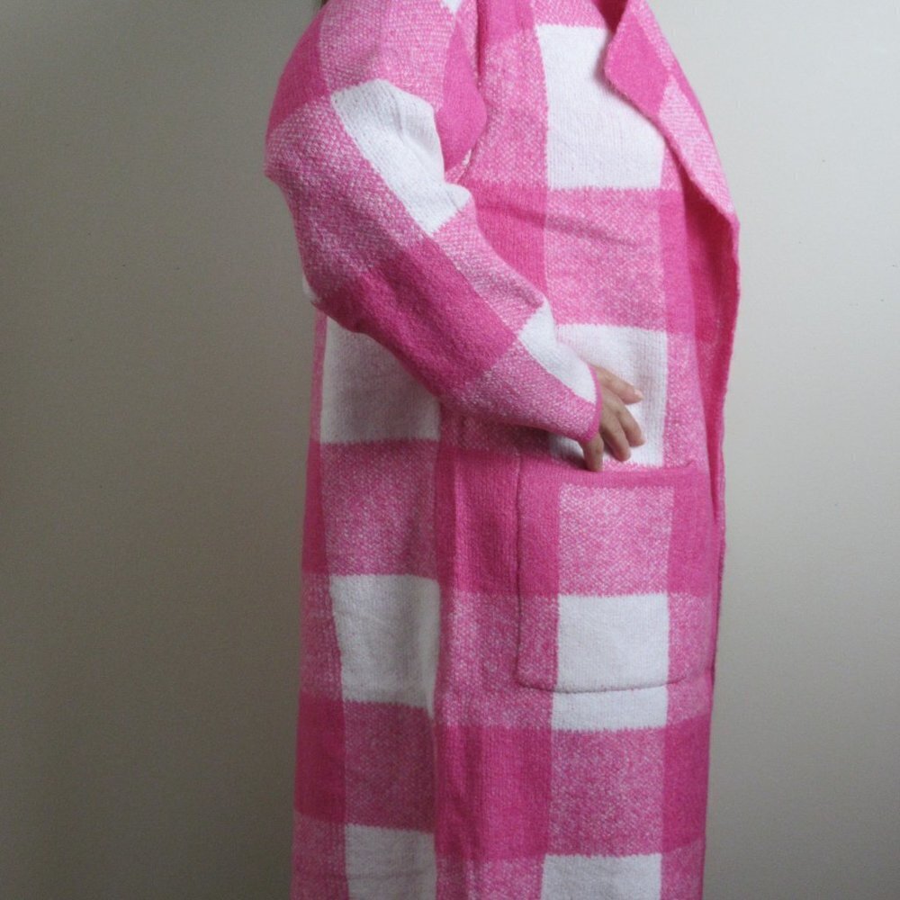 Women's Plaid Knit Coatigan Sweater Jacket Fuchsia Pink with Front Pockets NWT - Picture 8 of 8